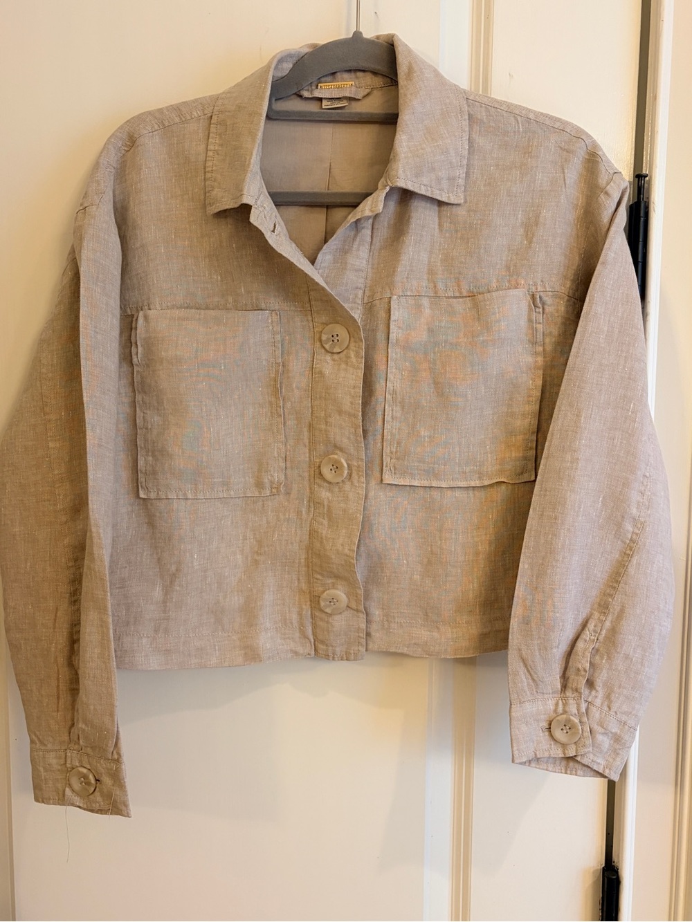 Magaschoni 100% Linen Cropped Utility Jacket Beige Tan Button Front M